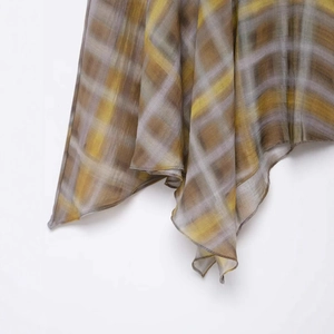Elegant yellow and grey plaid chiffon midi skirt with irregular wavy hem design