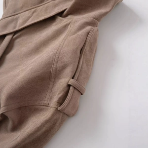 Women's camel faux suede jacket with stylish side pocket detail and matte texture