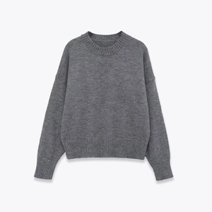 Classic dark grey crewneck knit sweater with ribbed cuffs and drop shoulder silhouette