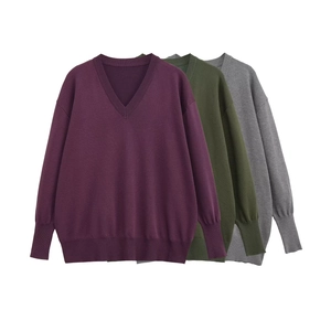 Women Casual V Neck Knit Sweater Loose Oversized Long Sleeve Pullover Ribbed Knit Top Streetwear Autumn Winter