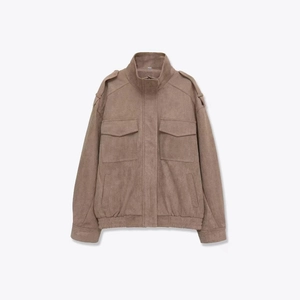 Classic dark brown faux suede bomber jacket with military epaulettes and chest pockets