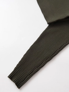 Detailed macro view of dark olive green ribbed knit fabric with elastic vertical texture