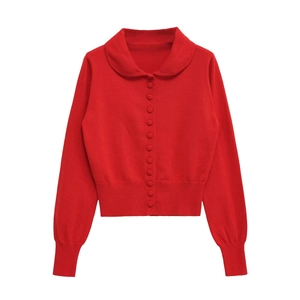Women Minimalist Peter Pan Collar Long Sleeve Knit Cardigan Slim Fit Button Down Sweater Top Solid Color Red Fashion Top