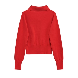 Slim fit red long sleeve knit cardigan with polo collar and ribbed cuffs back view