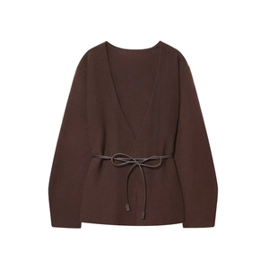 Women V Neck Long Sleeve Knit Cardigan With Belt Elegant Solid Color Polyester Ribbed Sweater Top For Casual Daily Wear