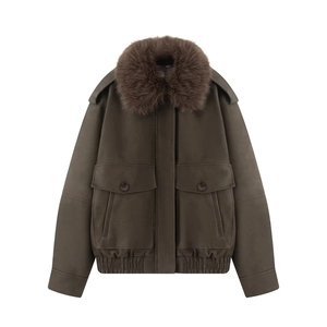 Women's vintage brown faux suede bomber jacket with large fur collar and utility pockets