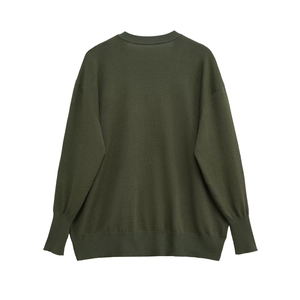 Oversized dark green V-neck knit sweater with ribbed cuffs and hem shown from the back