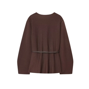 Elegant dark brown knit cardigan with matching waist belt and stylish peplum hem for women
