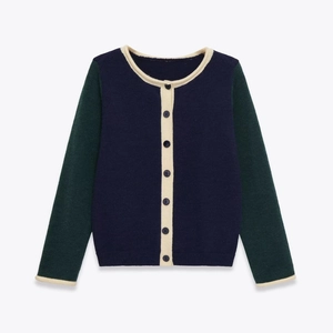Women's Color-Block Knitted Cardigan Round Neck Long Sleeve Button Down Sweater Contrast Trim Stitching Casual Knitwear Top