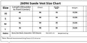 Size chart for embroidered suede vest showing length, bust, and shoulder measurements