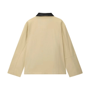 Minimalist khaki jacket for women with contrast black leather collar back view focus