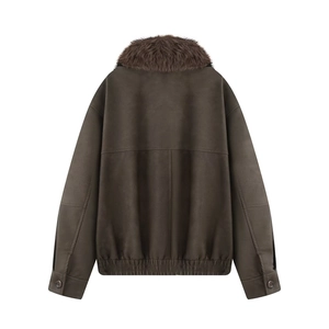 Detail view of the brown faux suede jacket back featuring a plush faux fur collar