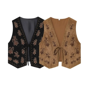 Women Retro Embroidery Faux Suede Vest Boho V Neck Lace Up Sleeveless Waistcoat Ethnic Floral Embroidered Top