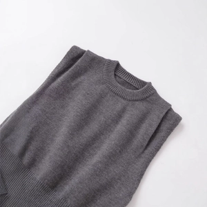 Minimalist dark grey crew neck knit sweater with ribbed trim and premium texture