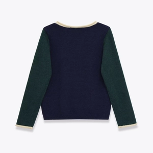 Contrast color block knit sweater for kids with dark blue body and green long sleeves