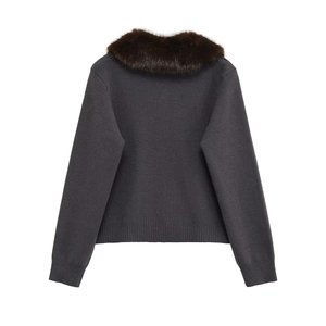 Women's charcoal grey knit cardigan with a plush brown faux fur collar and ribbed cuffs