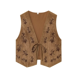 Vintage brown faux suede vest with ethnic floral embroidery and drawstring front closure