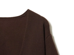 Close-up of dark brown ribbed knit sweater showing shoulder seams and neckline detail