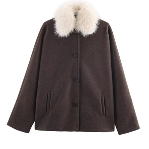 Dark brown wool coat featuring a plush white faux fur collar and three-button front closure