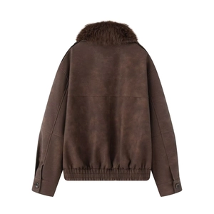 Rear view of deep brown faux suede jacket with plush fur collar and ribbed hem details