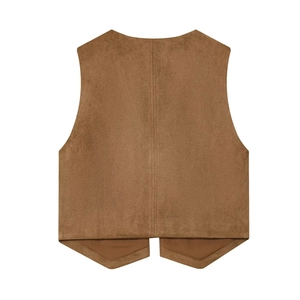Back view of a vintage brown suede vest with vertical seam and double pointed hem design