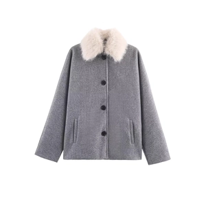 Short grey wool jacket for women with contrasting white faux fur collar and black buttons