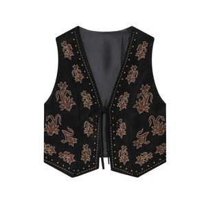 Retro V-neck black vest with symmetrical brown floral embroidery and front tie-up closure