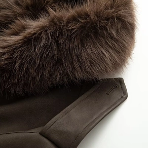 Macro detail of high-quality brown faux fur collar and premium suede jacket stitching