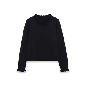 Slim fit black knit top with ruffled edges on neckline and cuffs on white background