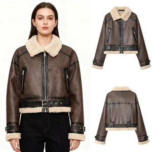 Women Vintage Faux Leather Aviator Jacket Retro Shearling Lined Short Moto Biker Coat With Belt Lapel Thick Outerwear