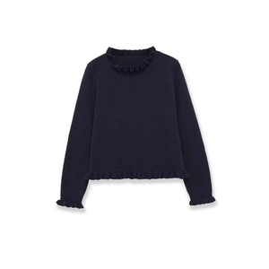 Navy blue long sleeve knit sweater with delicate ruffle trim on cuffs and hem