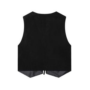 Detailed back view of a black suede-textured waistcoat with classic central seam and split hem