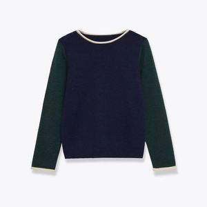 Women Contrast Color Block Knit Sweater Round Neck Long Sleeve Pullover Soft Polyester Knitwear Dark Blue Green Top