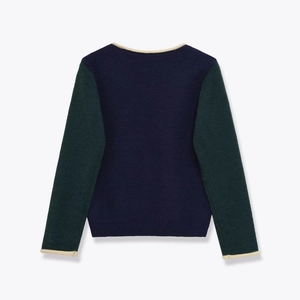 Minimalist color-block knit sweater in navy blue and dark green with white contrast piping