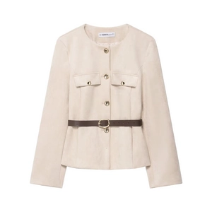 Blazer da donna in finto camoscio crema con bottoni dorati e cintura marrone