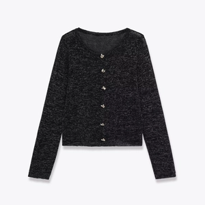 Gilet en Tricot Lurex Noir Élégant pour Femmes Avec Boutons en Métal à Nœud Argenté Manches Longues Col Rond Haut de Fête Scintillant