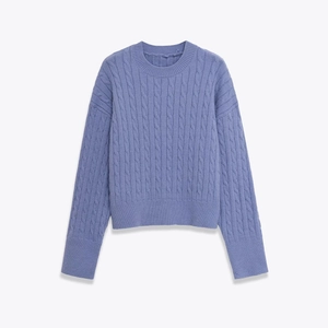 Women's lavender cable knit sweater with ribbed cuffs and crewneck on white background
