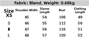 Size guide for faux fur coat showing shoulder, sleeve, chest and length measurements