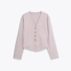 Minimalist light purple V-neck knit cardigan with gold buttons and long sleeves