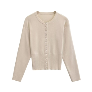 Classic beige round neck long sleeve knit cardigan with ribbed cuffs and button closure