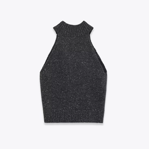 Dark grey marl knit halter neck top with white speckled texture and ribbed hem
