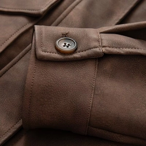 Classic dark brown faux suede jacket with vintage button details and fine stitching