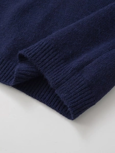 Detailed close-up of dark blue ribbed knit cuffs showing fine texture and wool blend fabric