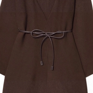 Elegant dark brown knit cardigan for women featuring a fine ribbed texture and matching waist belt
