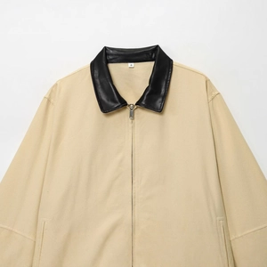 Minimalist khaki zip jacket with contrasting black leather collar for women