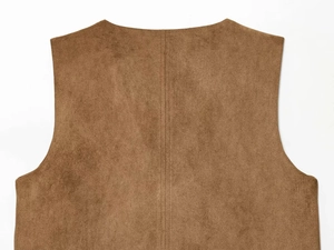 Detail shot of the back vertical seam stitching on brown faux suede vest for women