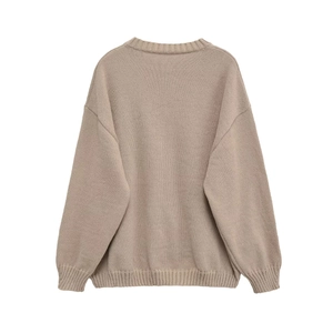 Minimalist loose-fit khaki knit sweater with round neck and drop shoulder design