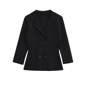 Women's Knitted Double Breasted Blazer Fashion Lapel Three Quarter Sleeve Slim Fit Solid Color Casual Streetwear Jacket