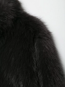 Detail of premium black faux fur coat showing glossy texture and high-density long fibers
