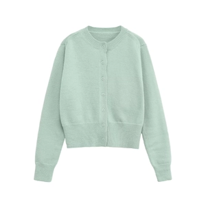 Women Casual Round Neck Solid Color Knit Cardigan Button Up Long Sleeve Ribbed Trim Polyester Sweater Casual Outerwear